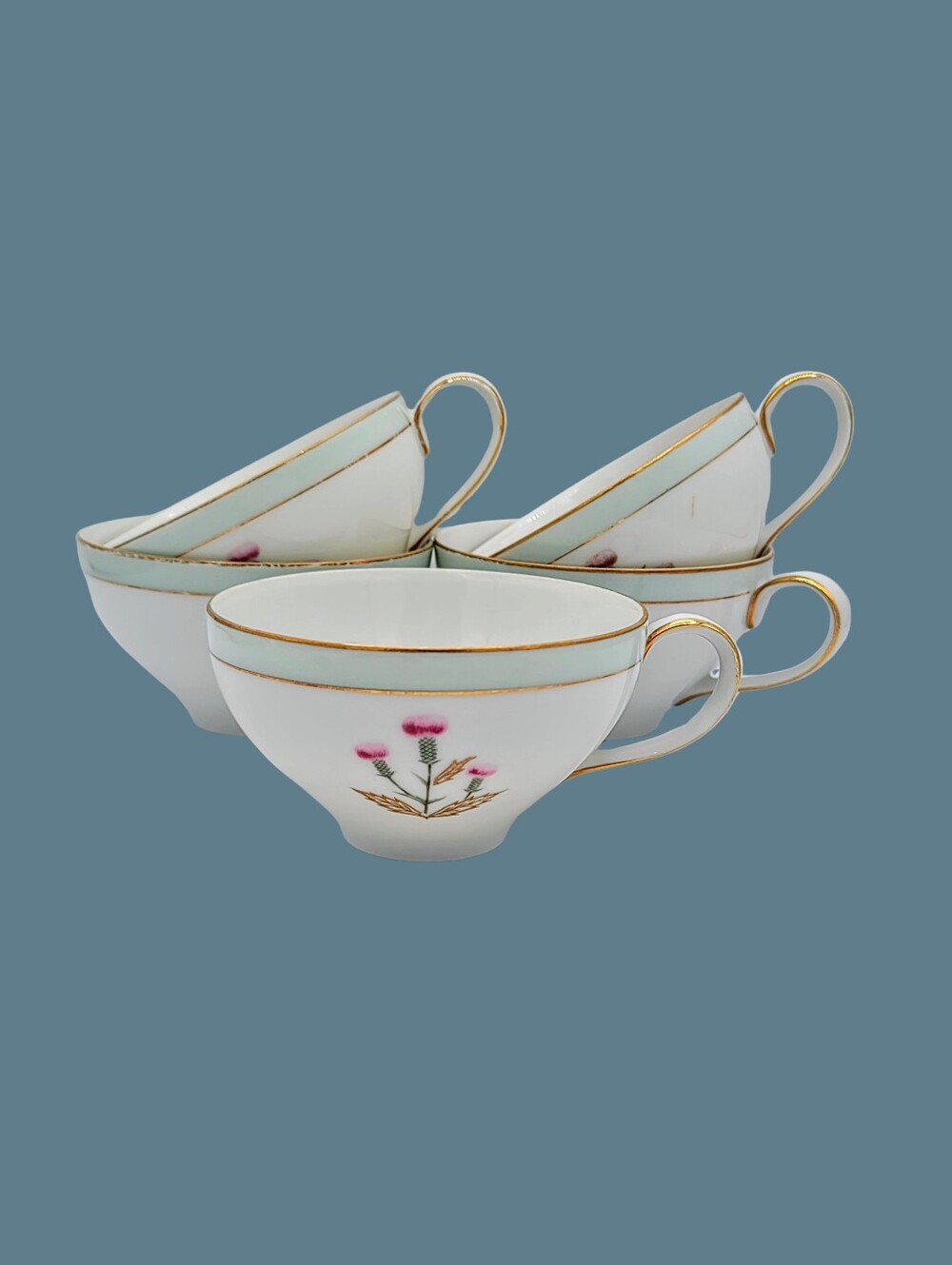 L&M Highland Thistle Fine China Japan Tea Cups Set of 5 Gold Trim Replacement